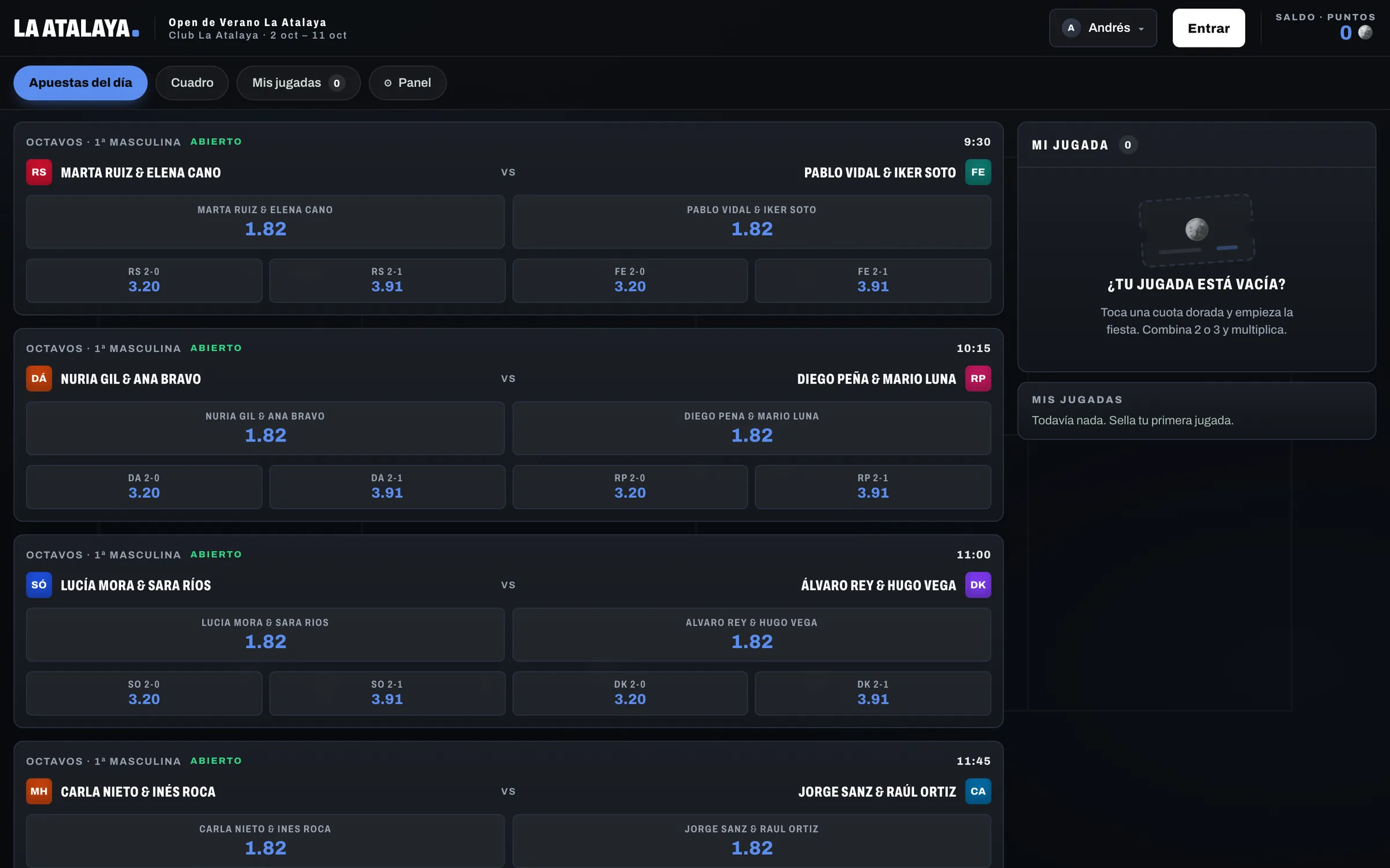 La app de apuestas: los partidos del día con la cuota de cada pareja y los resultados exactos