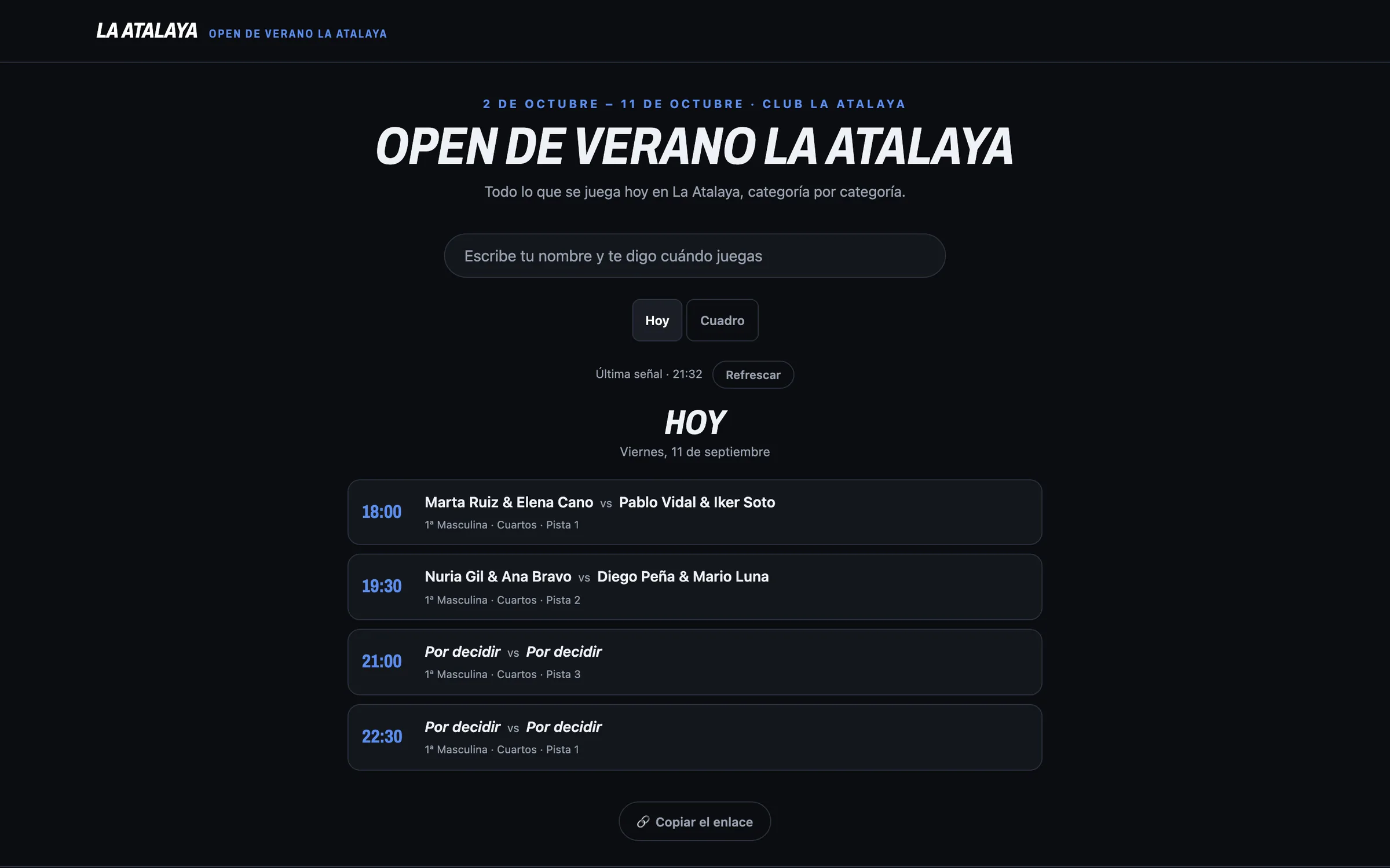 El cuadro público: la agenda de hoy, categoría por categoría, con hora y pista